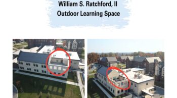 Aerial views showcase our school campus, featuring two prominent buildings. In each image, a red circle highlights the same rooftop area—designated as the William S. Ratchford, II Outdoor Learning Space. This unique location offers an outstanding opportunity for talented mural artists to display their creative work and enhance our community environment.